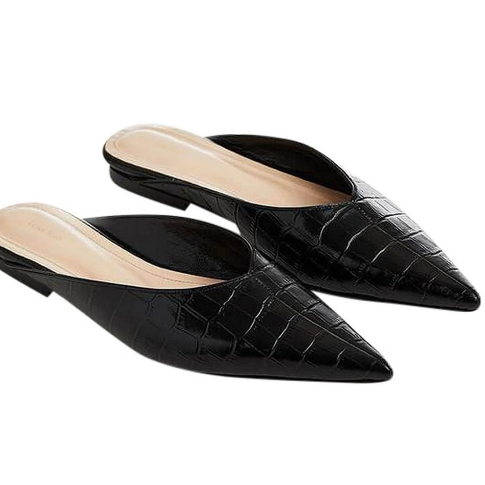 Anine Bing Black Croc-Embossed Pointed Toe Mules